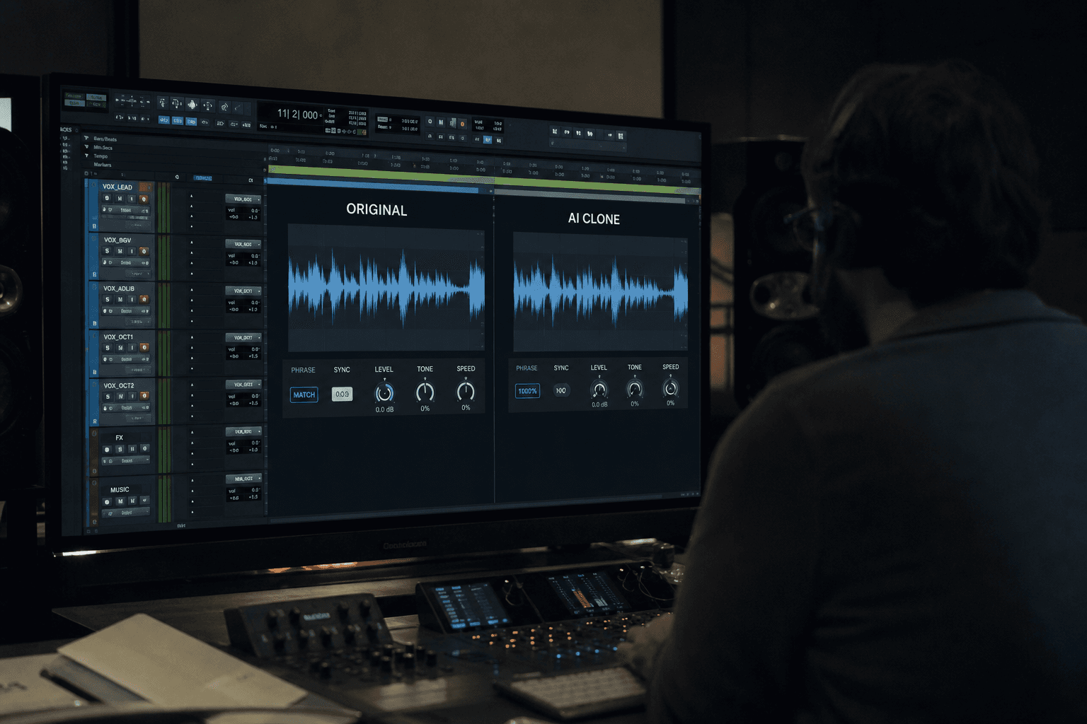 Mixage final d'une voix off IA intégrée dans une scène avec ambiance et musique filmique