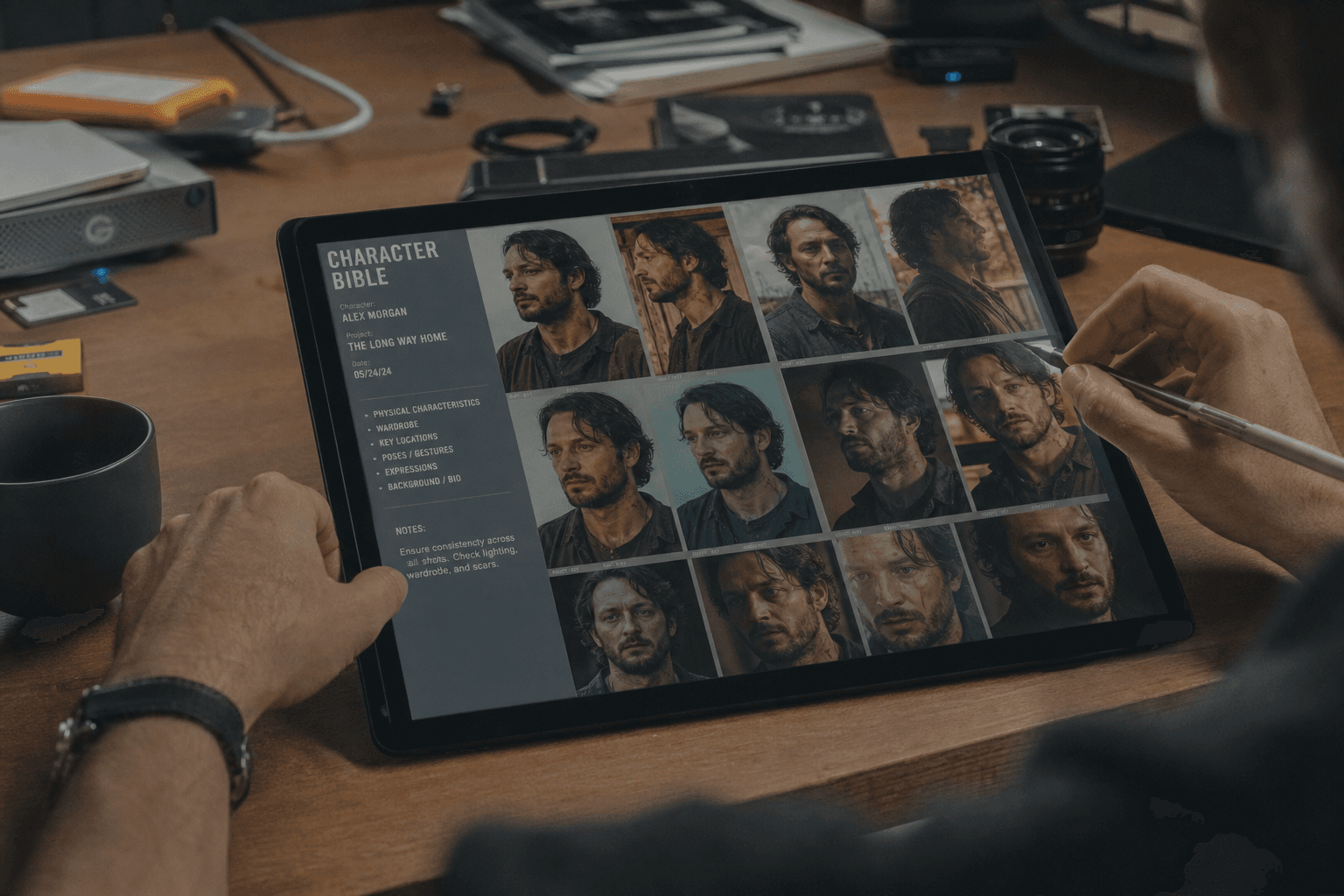 Visual continuity board with light, set and accessory control in an AI film