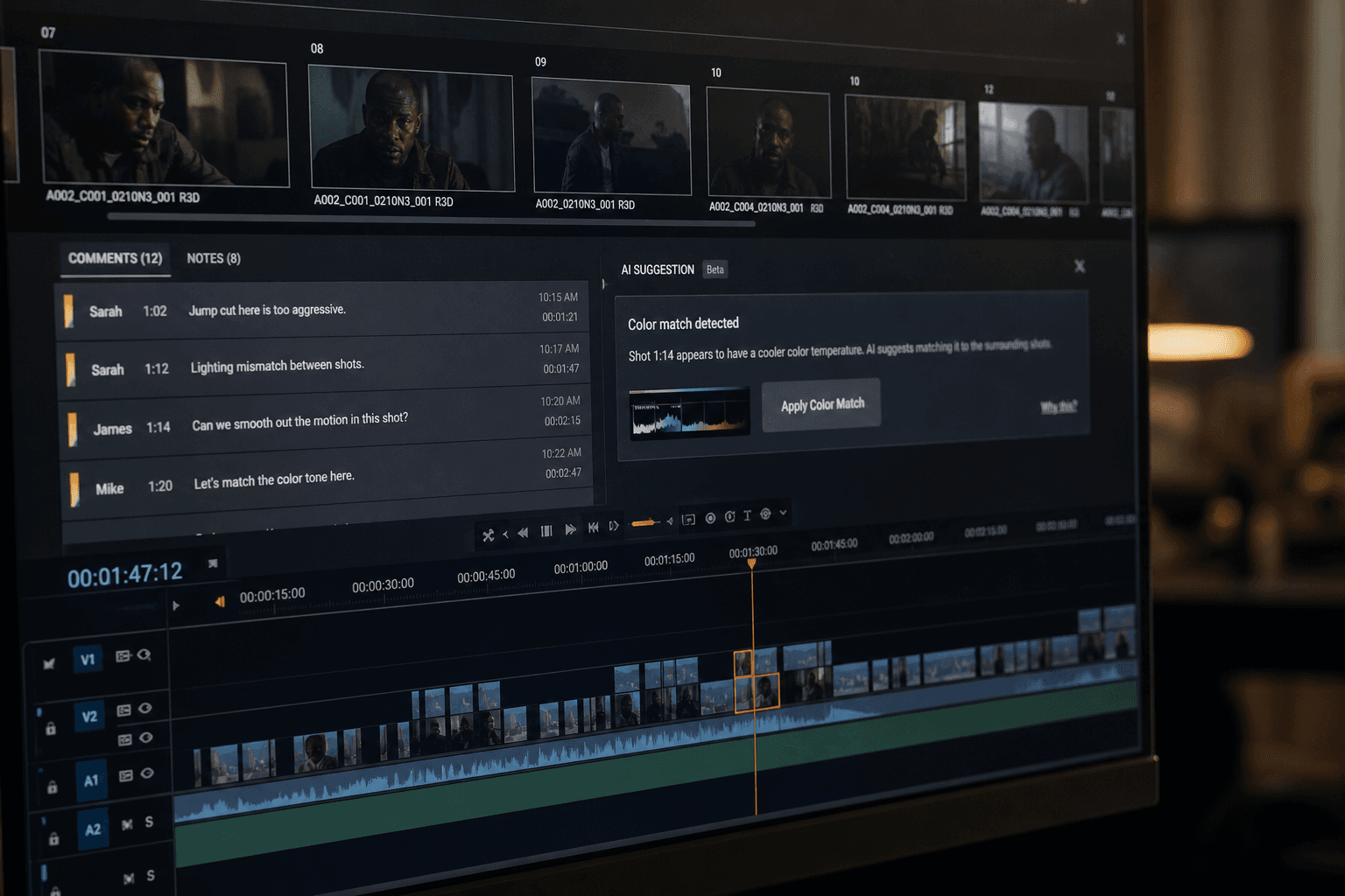 Match review at the edit with shot-by-shot corrections for AI film continuity