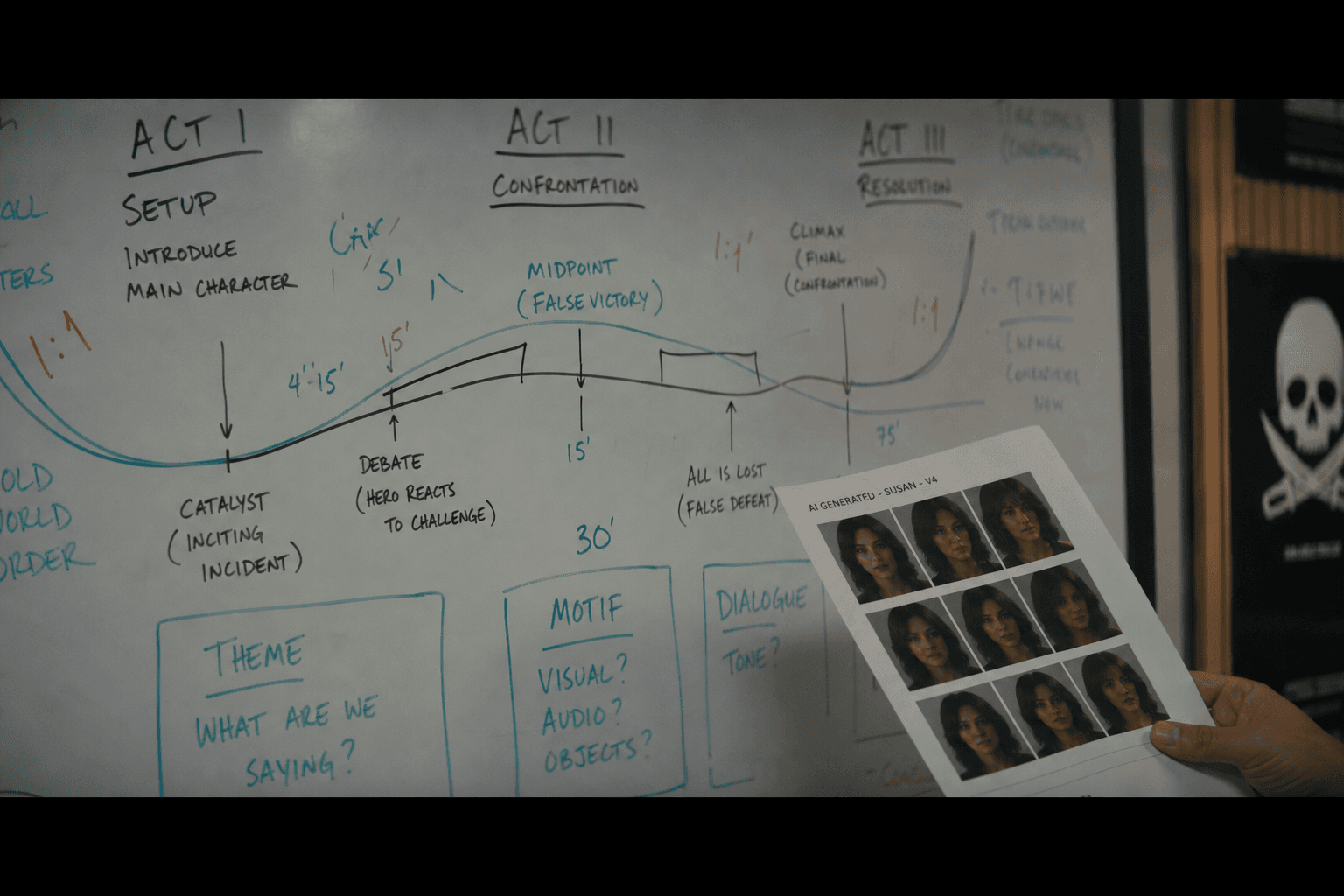 Tableau de versioning scénaristique IA avec contraintes de scène et décisions d’auteur