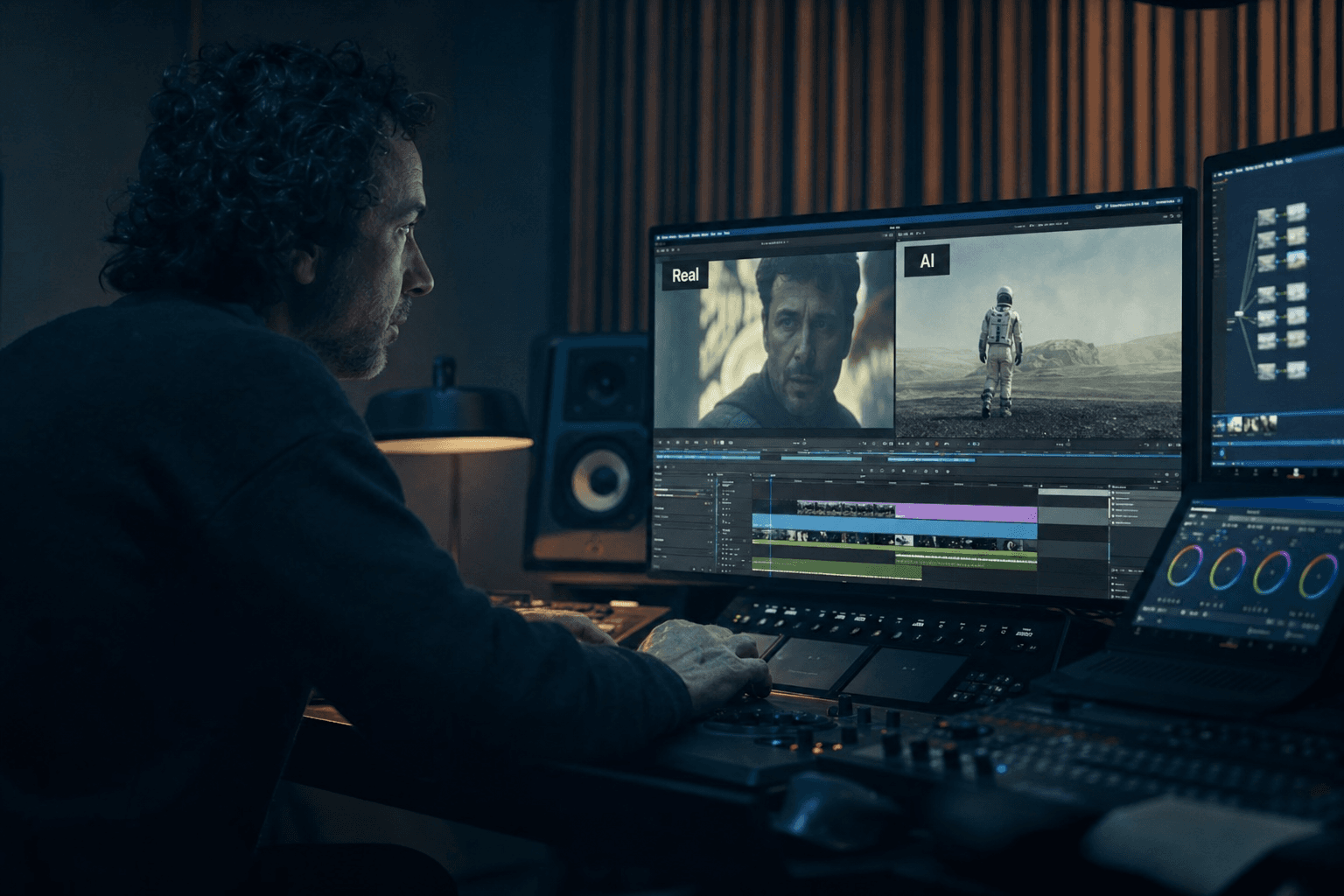 Réunion de postproduction où le réalisateur arbitre les variantes vidéo IA