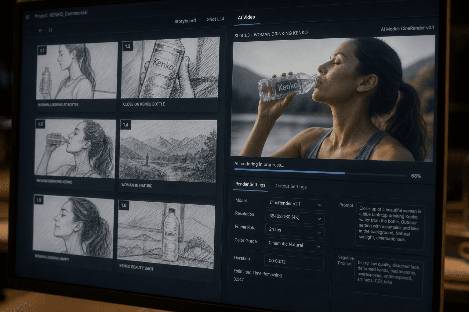 Storyboard publicitaire IA avec plans de preuve avant après et bénéfices visibles produit