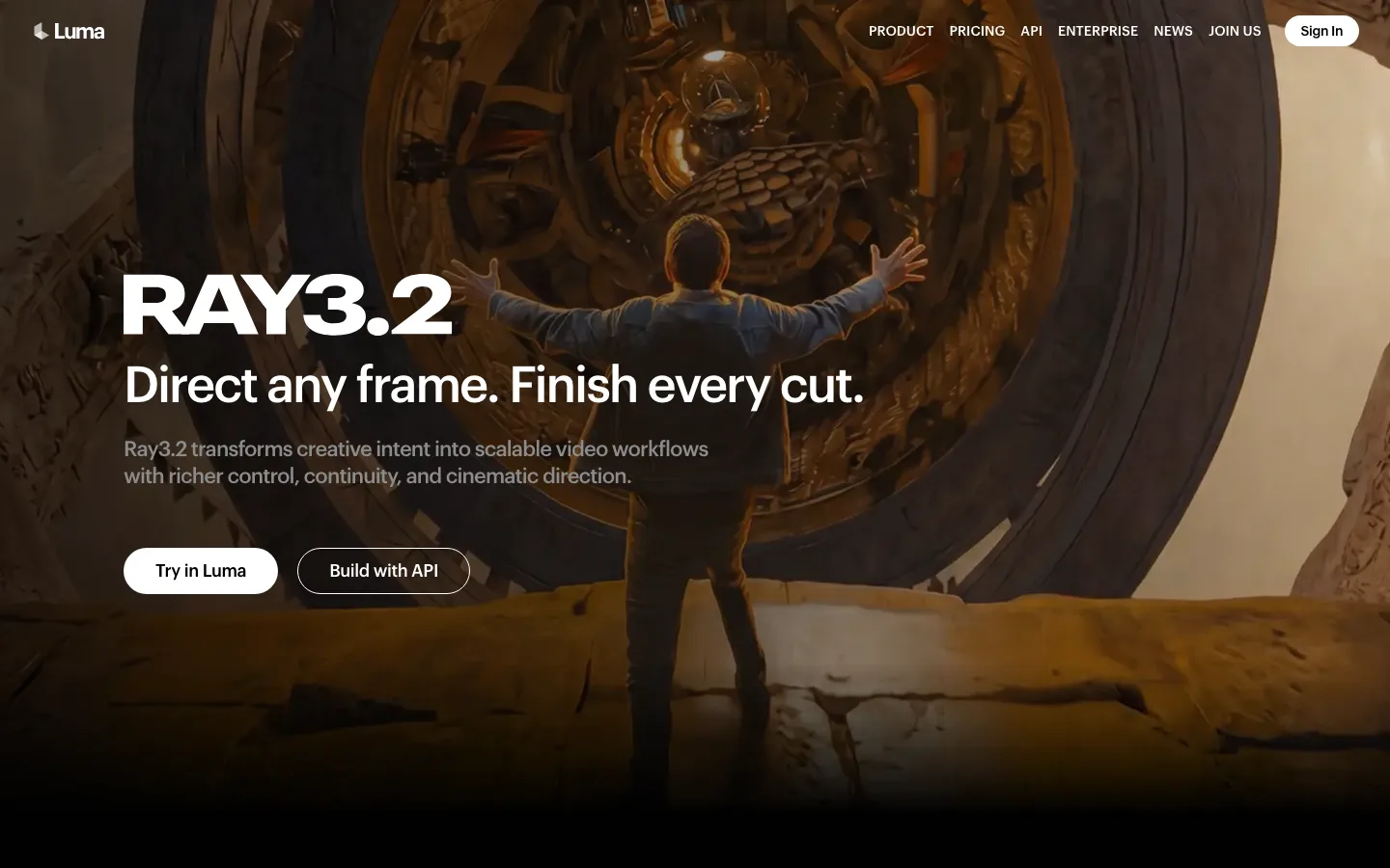 Page d'accueil de Luma Ray 3.2 montrant le modèle de génération vidéo IA