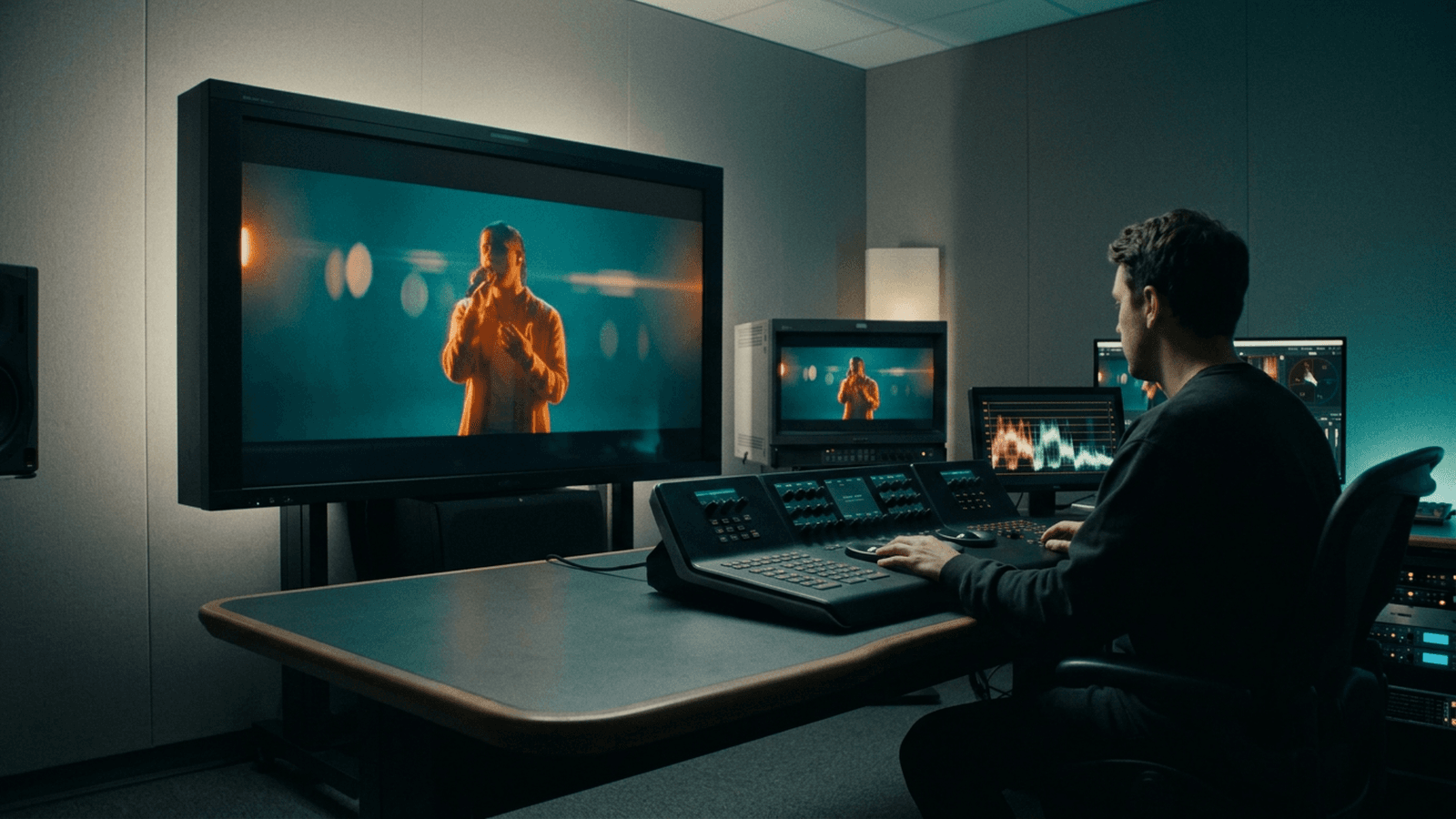Étalonnage final d’un clip musical IA avec contrôle de texture et contraste sur station de postproduction