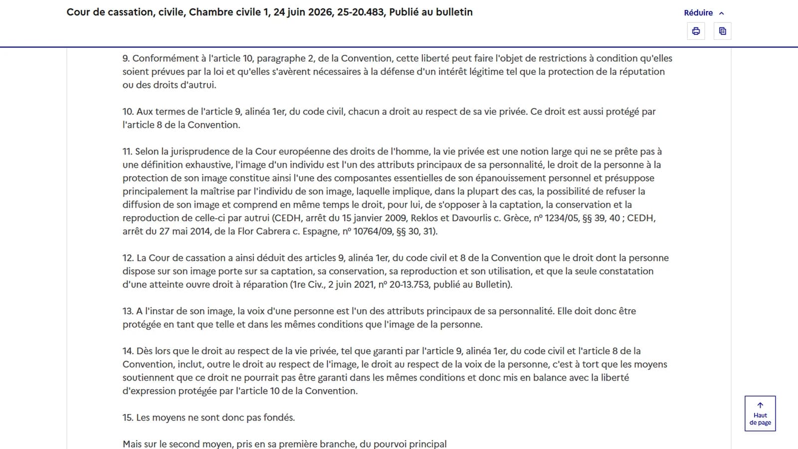 Paragraphe 13 de l'arrêt de la Cour de cassation du 24 juin 2026 sur Légifrance, où la voix est reconnue comme un attribut principal de la personnalité