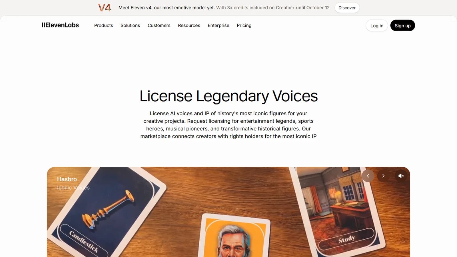 Page du marché de voix iconiques d'ElevenLabs, titrée License Legendary Voices, qui met en relation les créateurs et les ayants droit