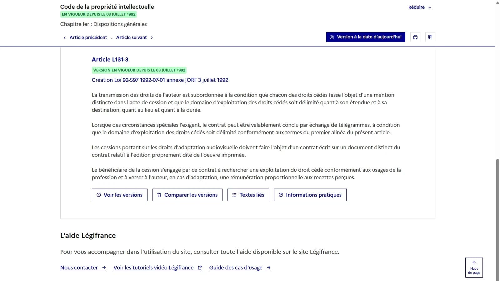 Texte de l'article L131-3 du code de la propriété intellectuelle affiché sur Légifrance, avec l'alinéa sur le contrat distinct pour les droits d'adaptation audiovisuelle