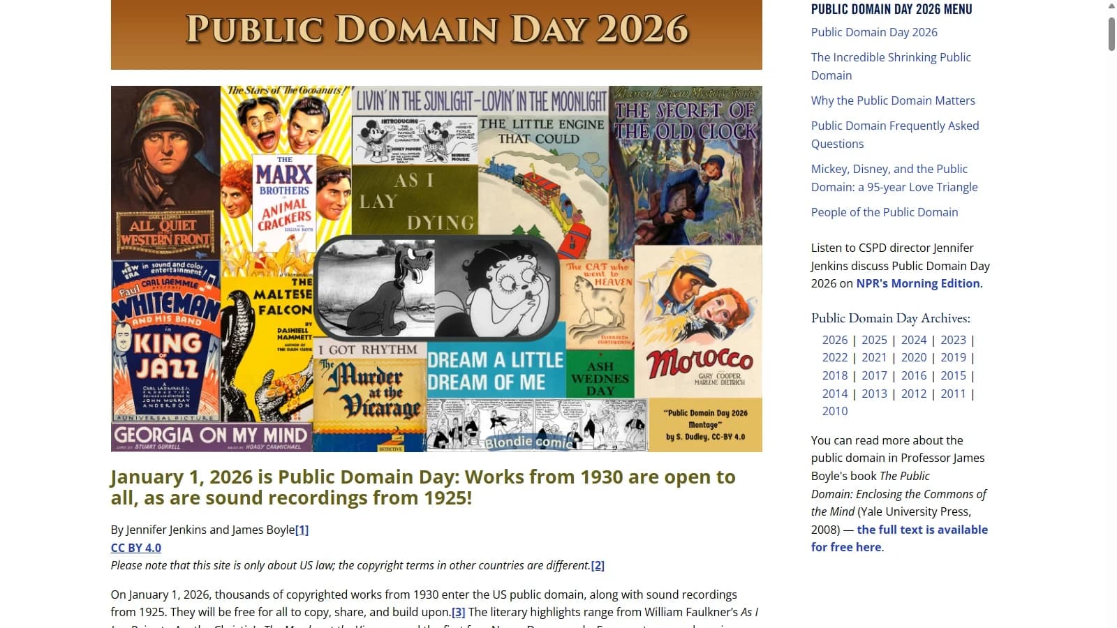 Page Public Domain Day 2026 du Center for the Study of the Public Domain, montrant les œuvres de 1930 entrées dans le domaine public américain