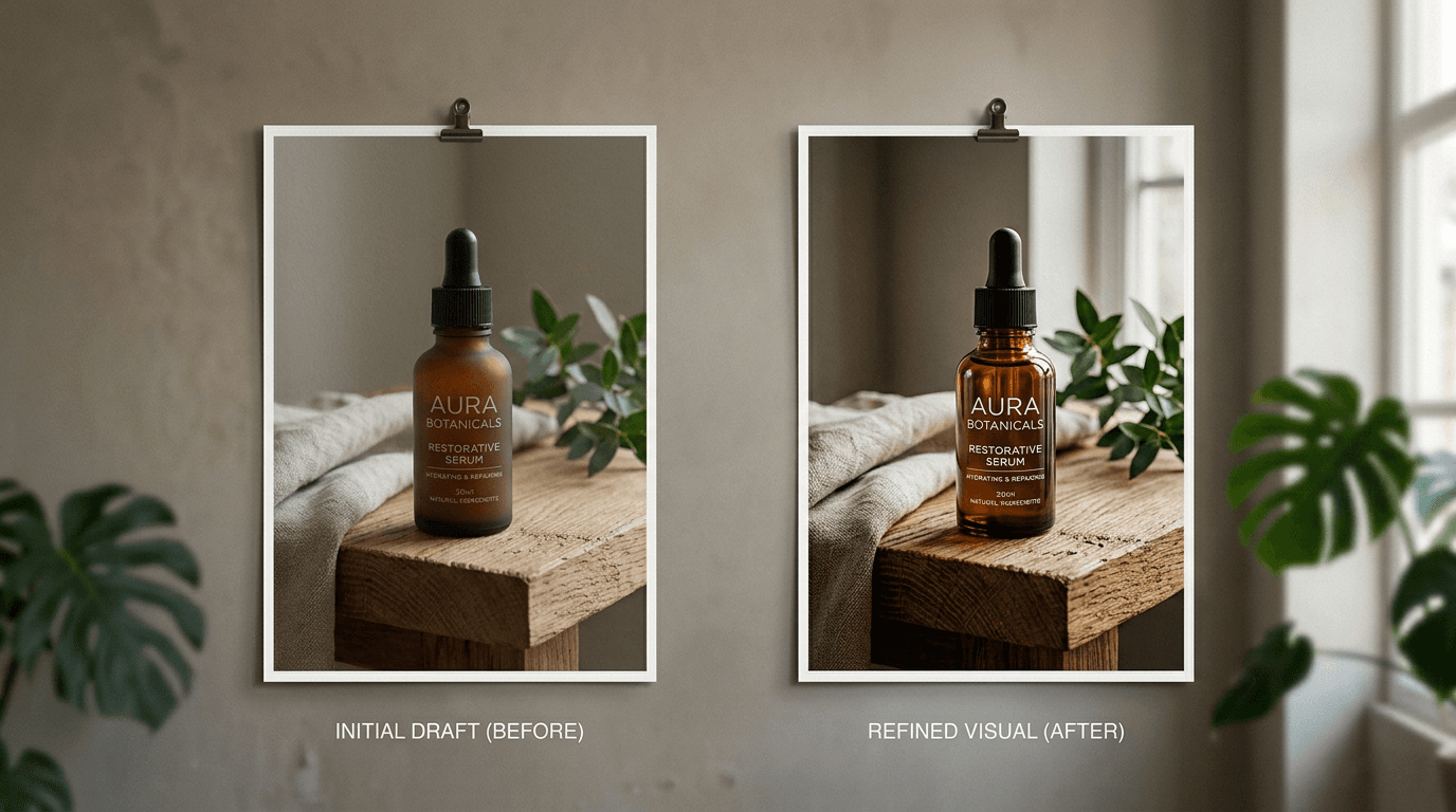 comparatif adobe firefly avant après avec corrections de texture lumière et validation de cohérence campagne
