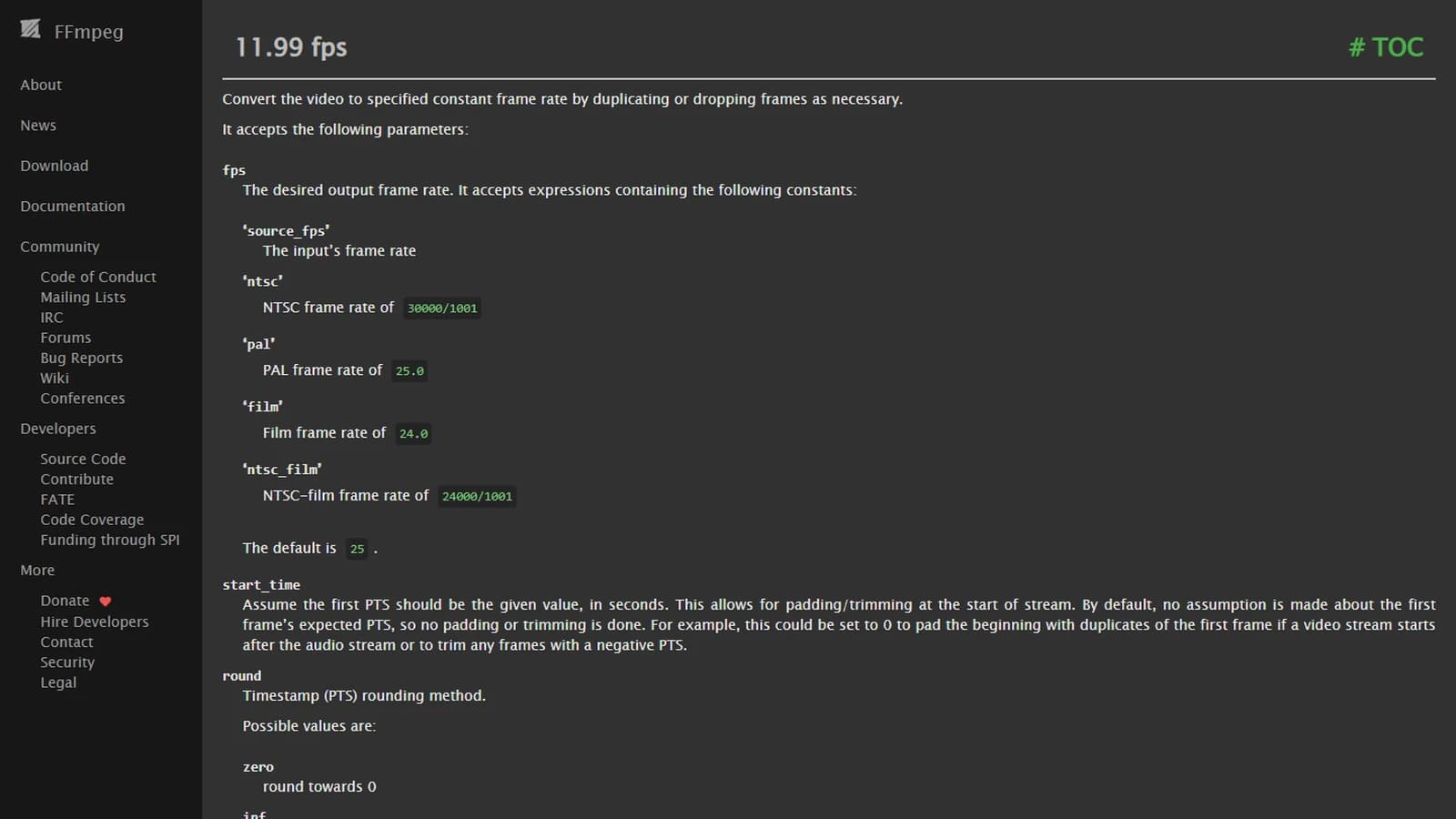 Documentation officielle de ffmpeg, section du filtre fps qui convertit une vidéo à une cadence constante, avec les valeurs film à 24 et PAL à 25 images par seconde