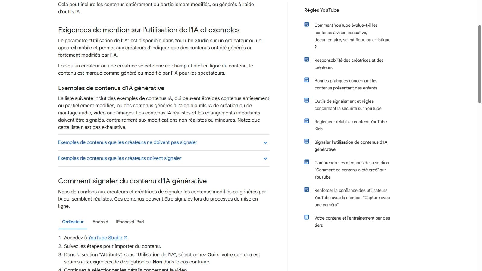 Page d'aide YouTube détaillant le paramètre Utilisation de l'IA dans YouTube Studio et la procédure de signalement