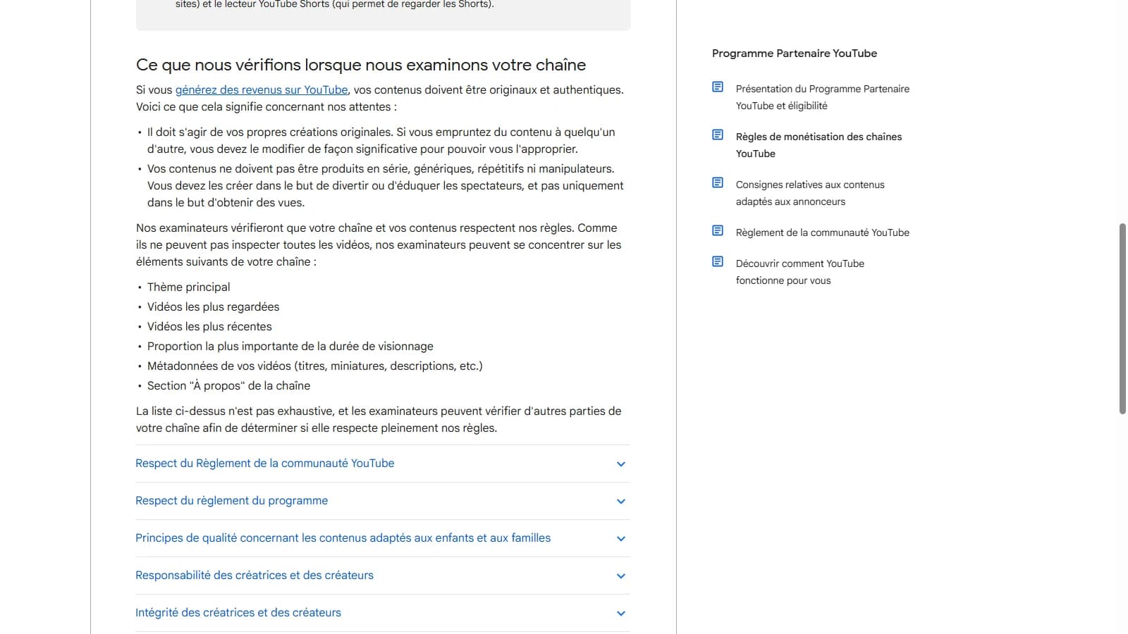Page d'aide YouTube listant les critères d'originalité et les éléments examinés sur une chaîne