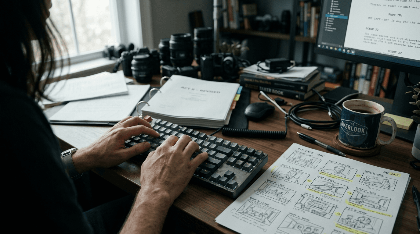 Mains au clavier, storyboard imprimé, lumière de fenêtre sur un bureau créatif