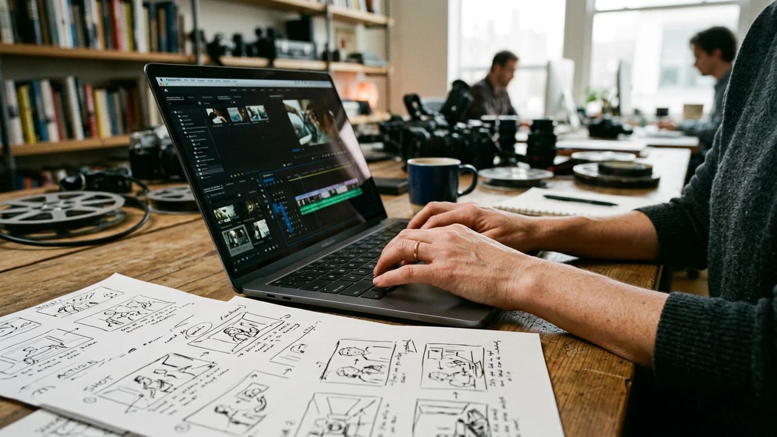 Mains au clavier, storyboard imprimé, lumière de fenêtre sur un bureau créatif