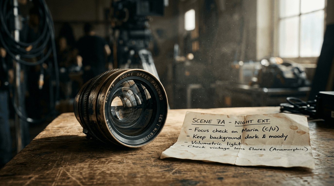 Objectif cinéma et notes de réalisateur sur une table en bois, grain et poussière dans la lumière