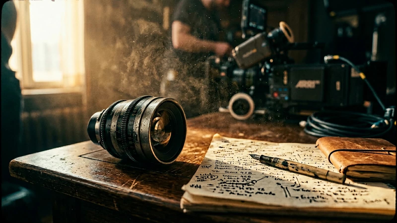 Objectif cinéma et notes de réalisateur sur une table en bois, grain et poussière dans la lumière