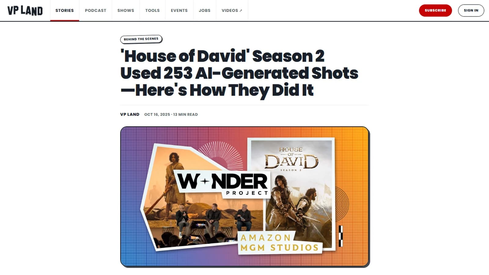 Article de VP Land du 16 octobre 2025 titré House of David Season 2 Used 253 AI-Generated Shots, avec le visuel Wonder Project et Amazon MGM Studios