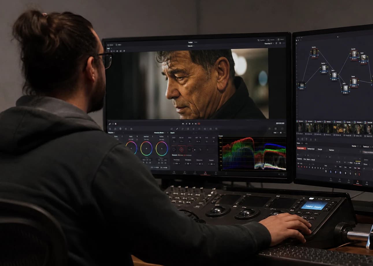 Nœuds Color page DaVinci Resolve étalonner séquence vidéo IA avec scopes