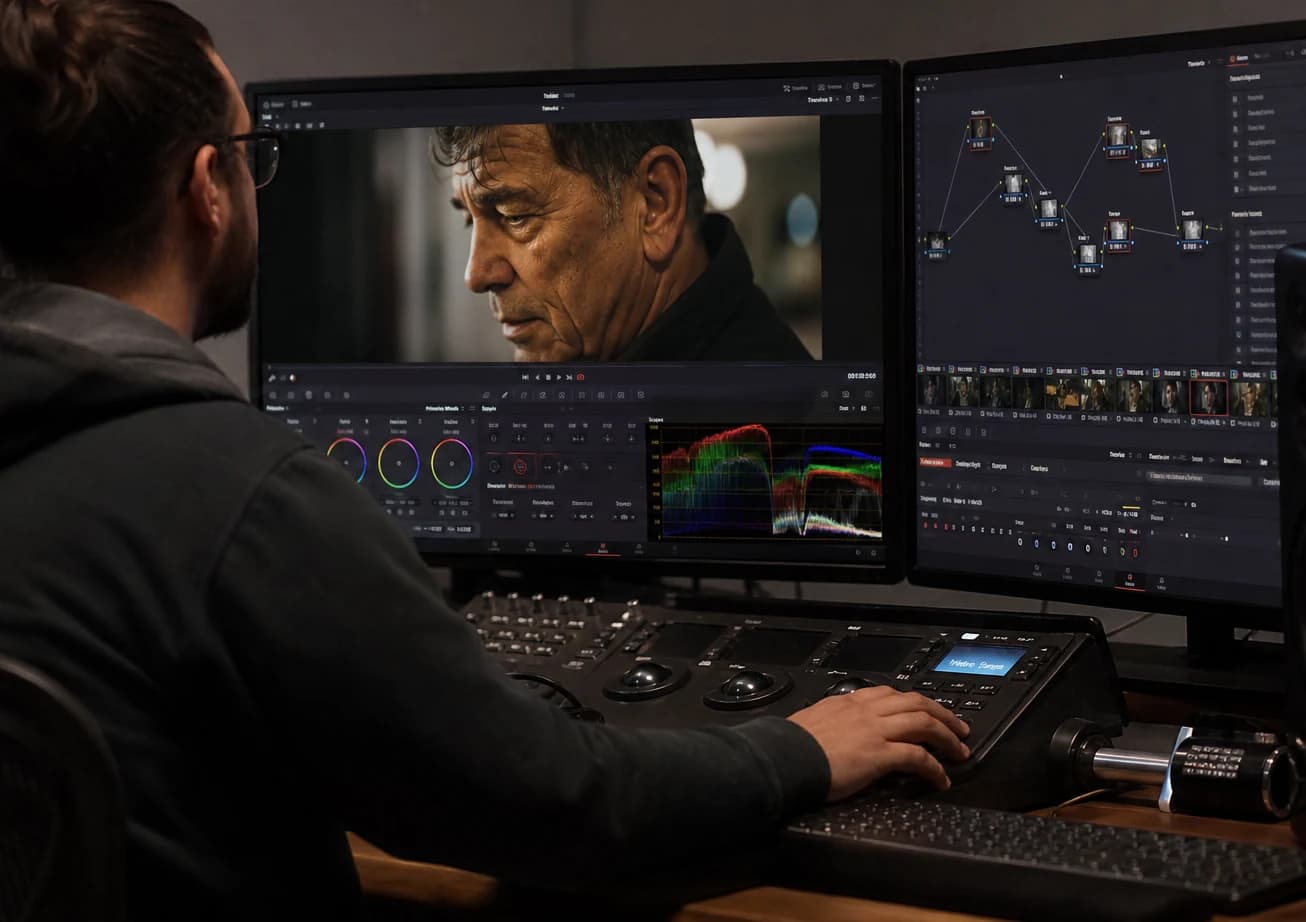 Before/after comparison of an AI video grade on DaVinci scopes screens