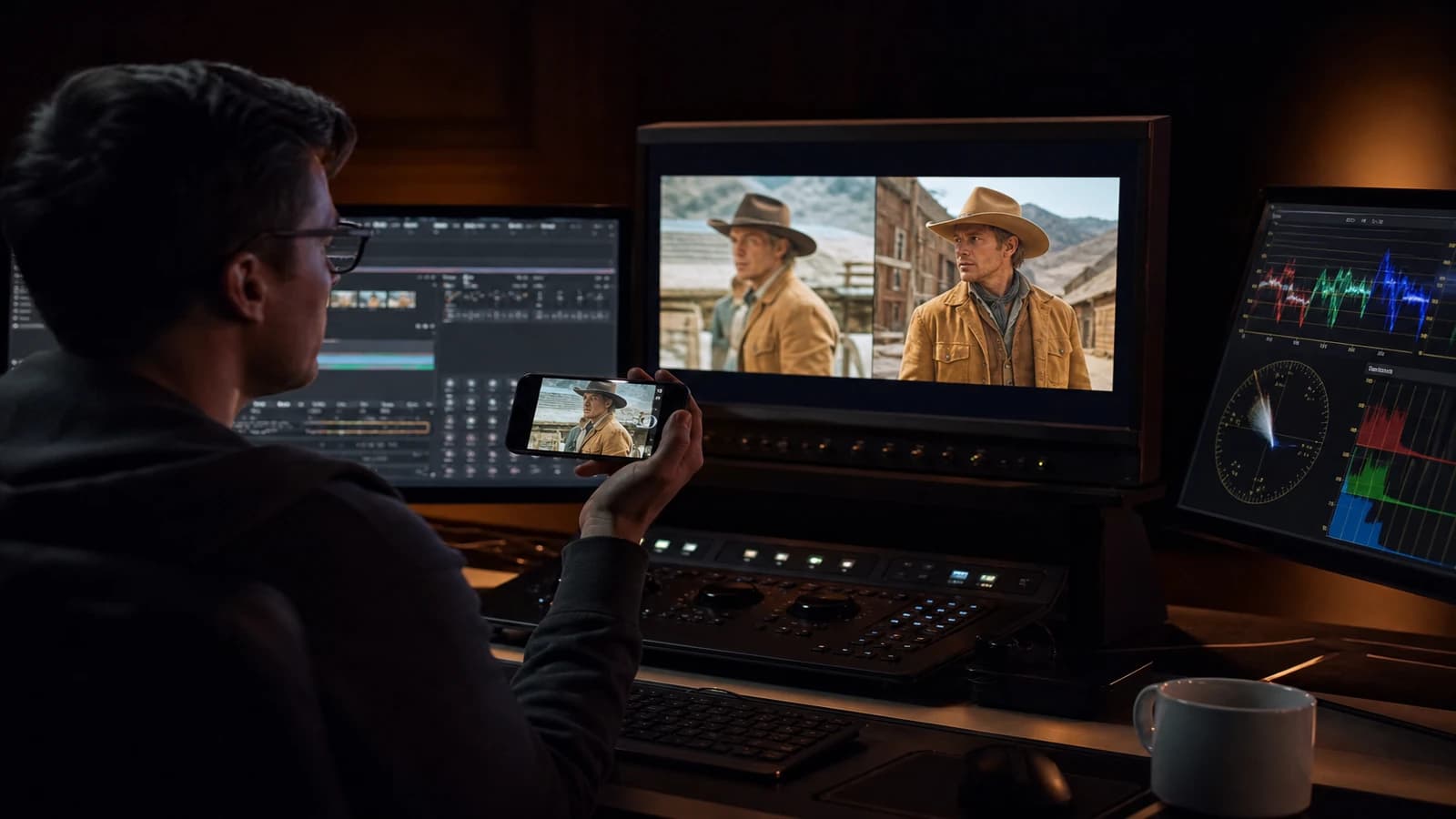 Validation finale d un master video IA sur ecran mobile et moniteur etalonne