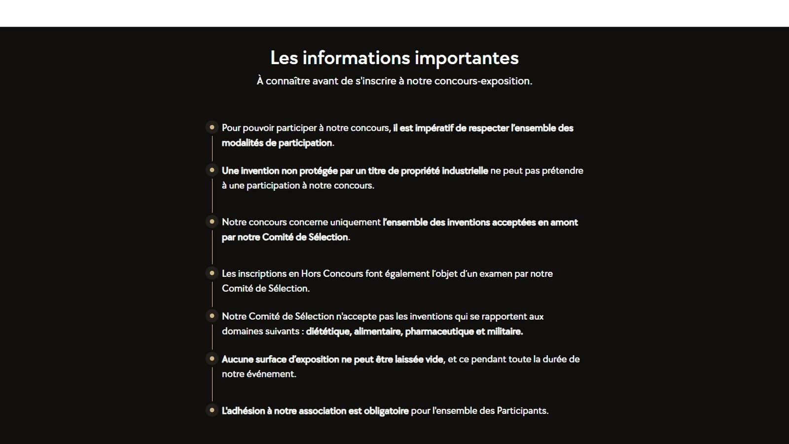 Section « Les informations importantes » de la page d'inscription du Concours Lépine : titre de propriété industrielle obligatoire, domaines exclus, adhésion à l'association obligatoire