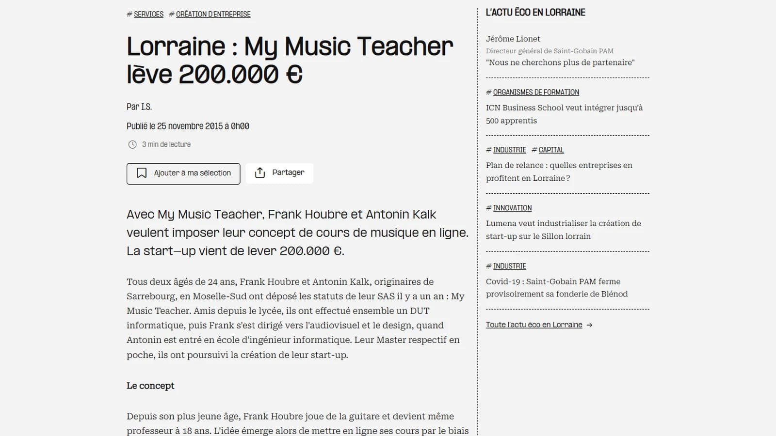 Article du Journal des Entreprises du 25 novembre 2015 titré « Lorraine : My Music Teacher lève 200.000 € », avec le chapeau sur Frank Houbre et Antonin Kalk