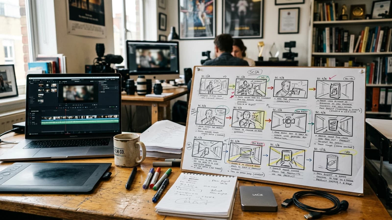 Storyboard publicitaire IA avec plans de preuve avant après et bénéfices visibles produit