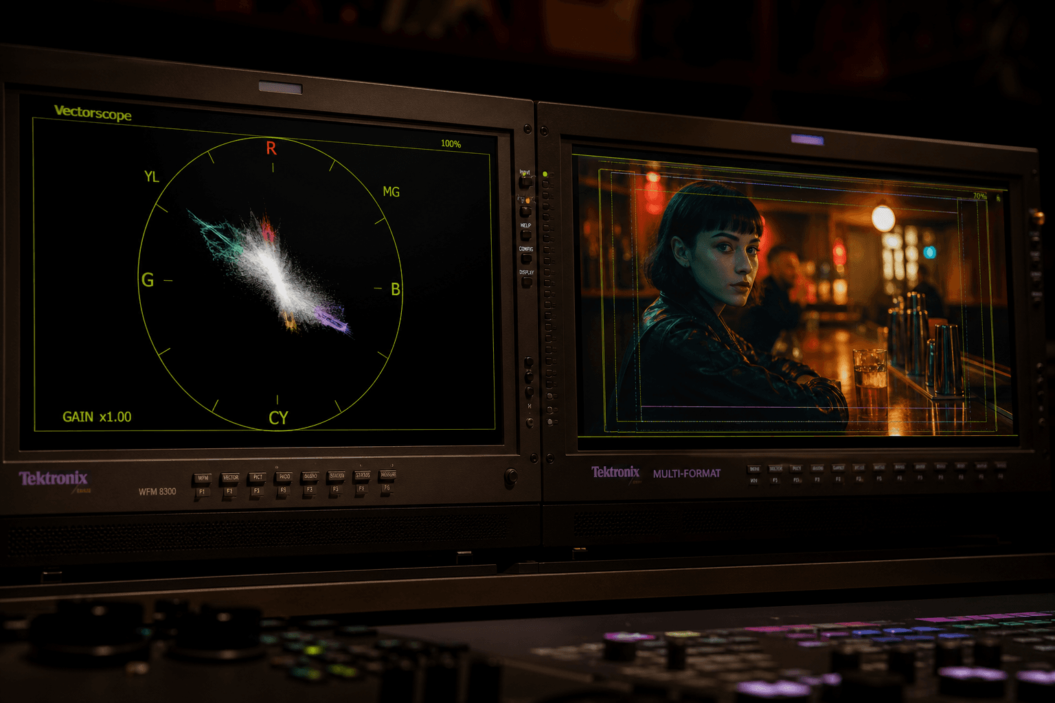Étalonnage scopes vectorscope et frame IA côte à côte photoréaliste