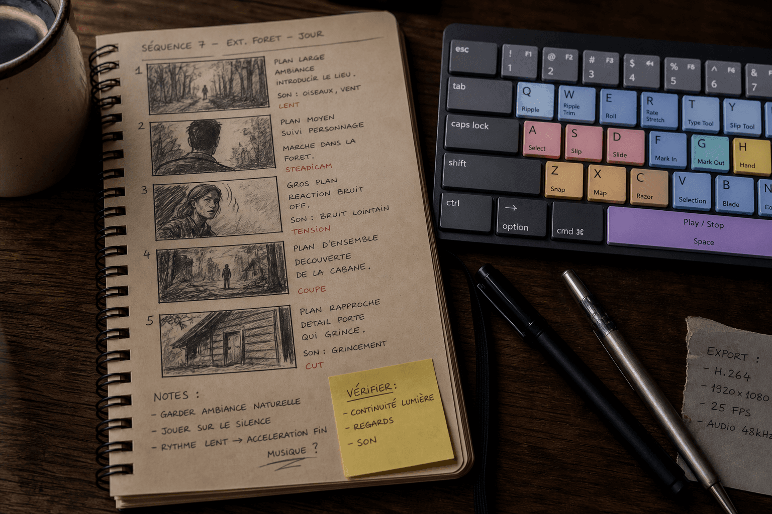 Storyboard notebook with annotations and an NLE shortcut keyboard, photorealistic