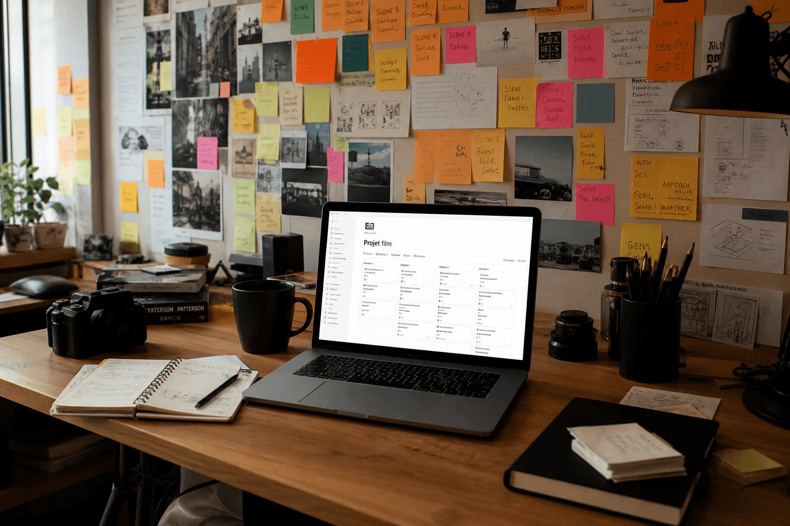 Wall of post-its and a Notion film project board, open laptop, photorealistic creative agency atmosphere