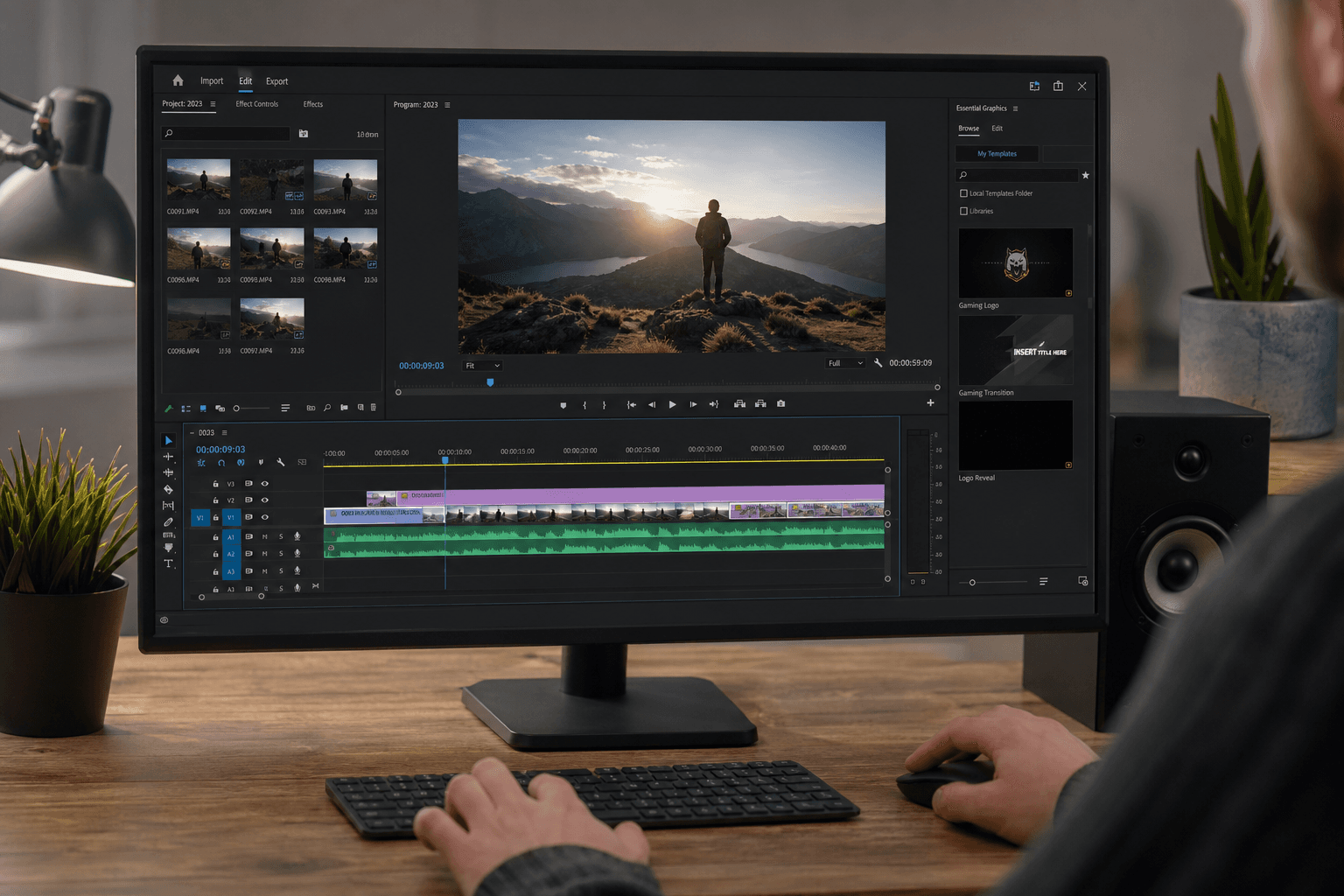 Video software interface with timeline and AI shot preview, hands on a mouse, photorealistic