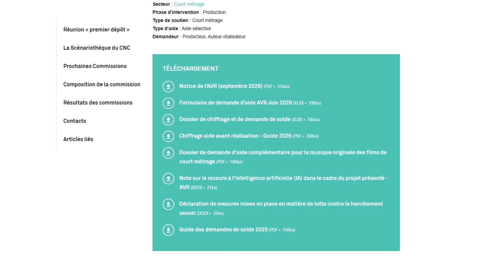 Bloc de téléchargement de la page CNC de l'aide avant réalisation aux courts métrages, avec la notice de l'AVR de septembre 2026, le formulaire de demande et le modèle de note sur le recours à l'intelligence artificielle dans le cadre du projet présenté
