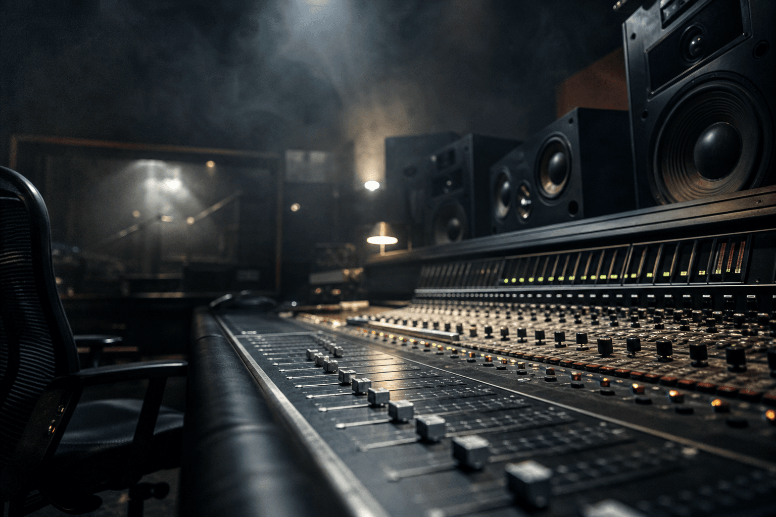 Console de mixage avec piste voix-off IA, musique et ambiances calibrées