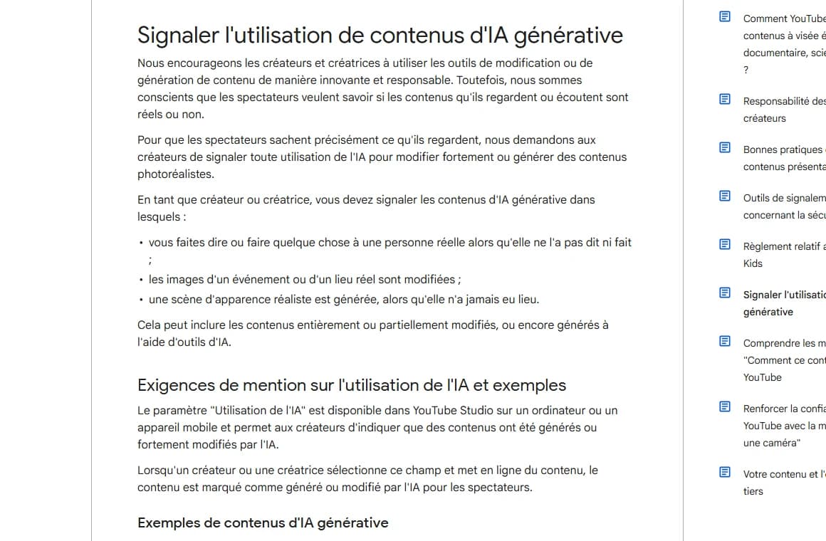 Capture de la page d'aide YouTube expliquant dans quels cas signaler un contenu généré par IA générative