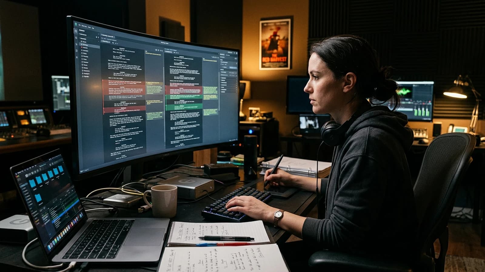 Tableau de versioning scénaristique IA avec contraintes de scène et décisions d’auteur