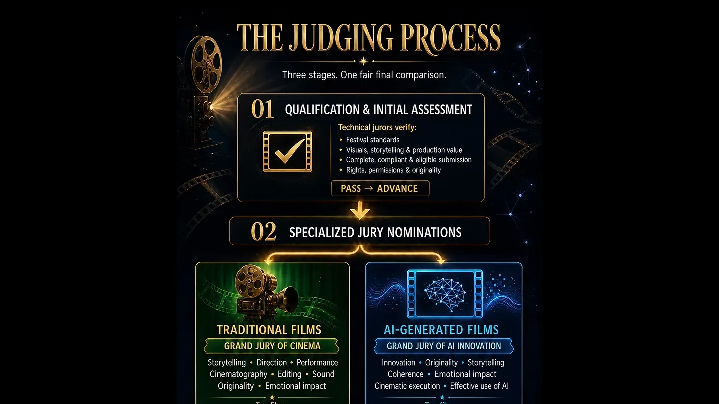 Infographie du processus de sélection du Sparknify Human vs. AI Film Festival, en trois étapes, avec les critères du grand jury IA
