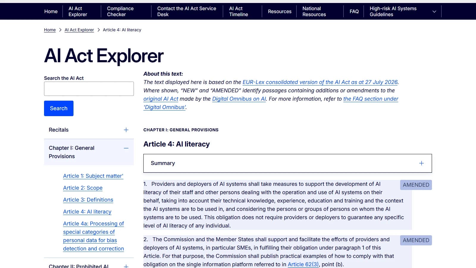Article 4 of the EU AI Act on AI literacy displayed on the European Commission AI Act Service Desk