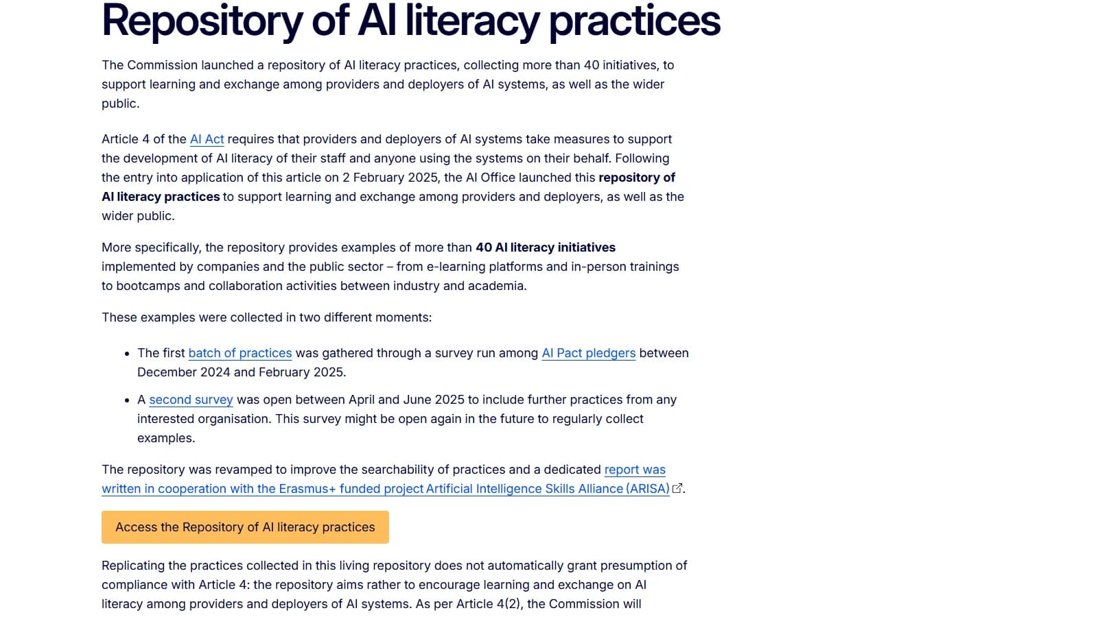 Page of the AI Office repository of AI literacy practices showing the figure of more than 40 initiatives