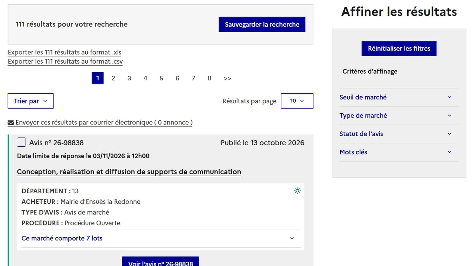 Page de résultats du BOAMP pour le mot-clé vidéo filtré sur les marchés de services en cours : 111 résultats, dont un avis d'une mairie des Bouches-du-Rhône pour la conception, réalisation et diffusion de supports de communication en procédure ouverte avec 7 lots
