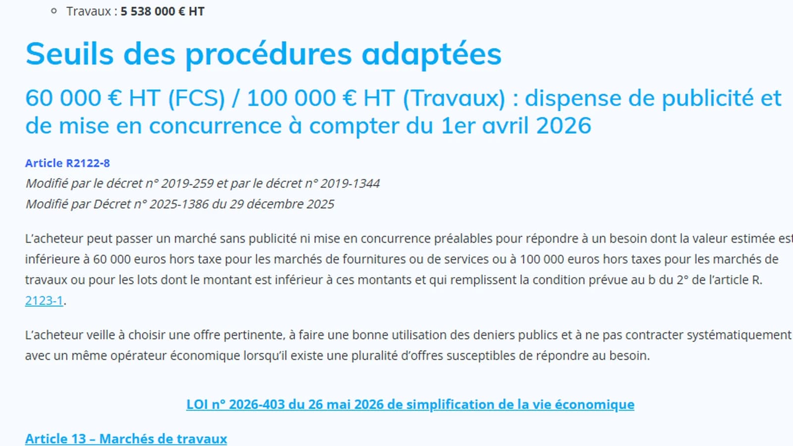 Extrait du site Code : Commande publique montrant le seuil de 60 000 euros HT pour les fournitures et services et de 100 000 euros HT pour les travaux, avec le texte de l'article R2122-8 modifié par le décret n° 2025-1386 du 29 décembre 2025