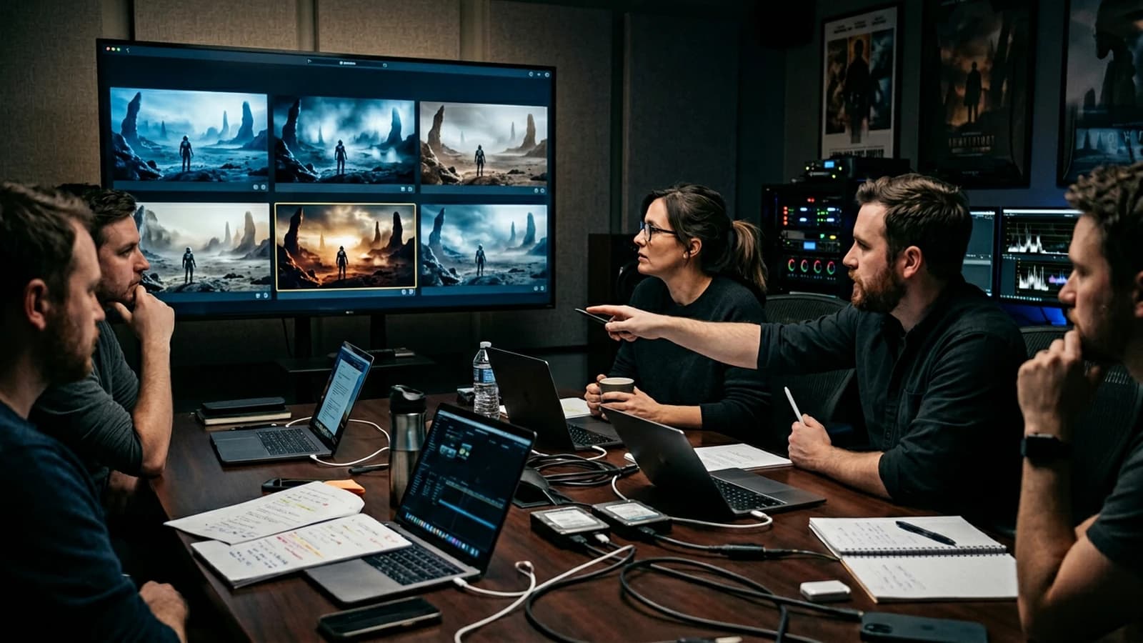 Réunion de postproduction où le réalisateur arbitre les variantes vidéo IA