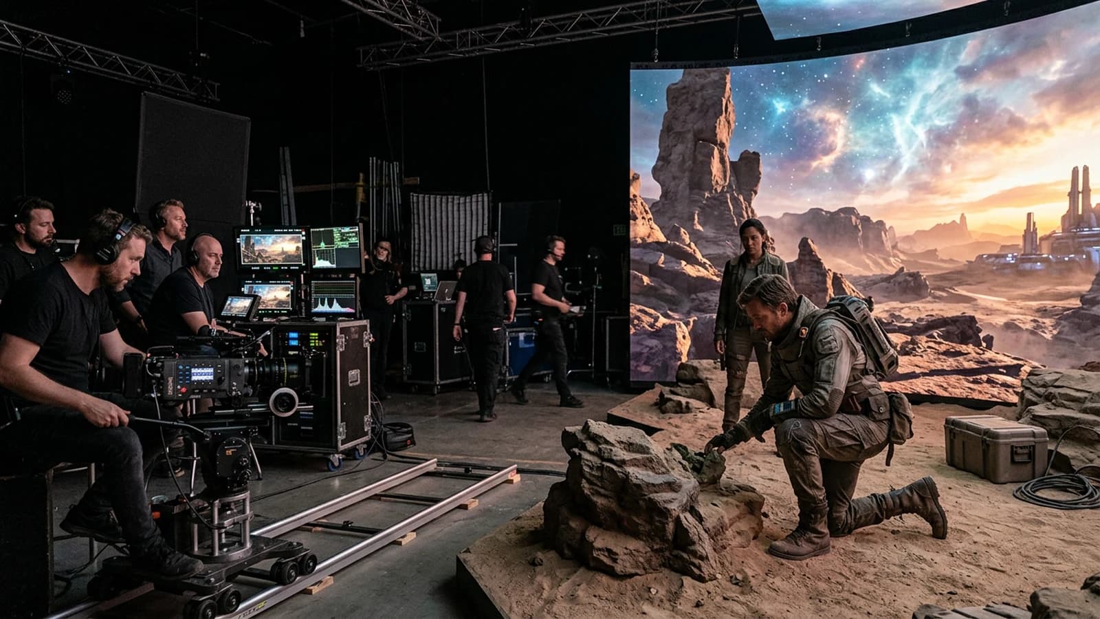 Plateau de tournage hybride avec capture réelle et inserts vidéo générés par IA