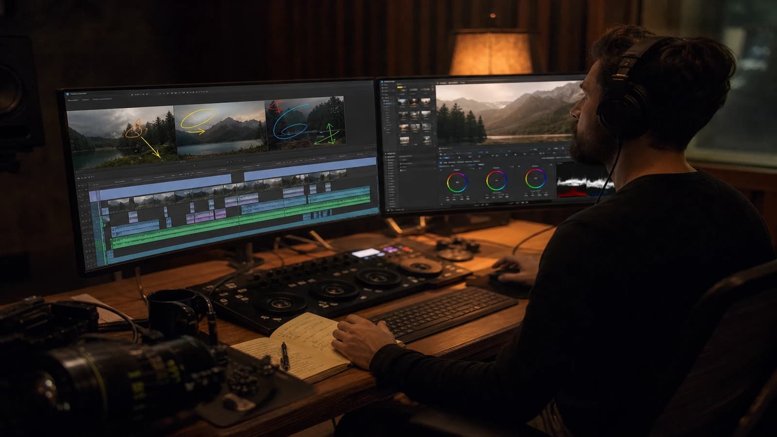 AI documentary timeline with voice-over tracks cut by narrative blocks