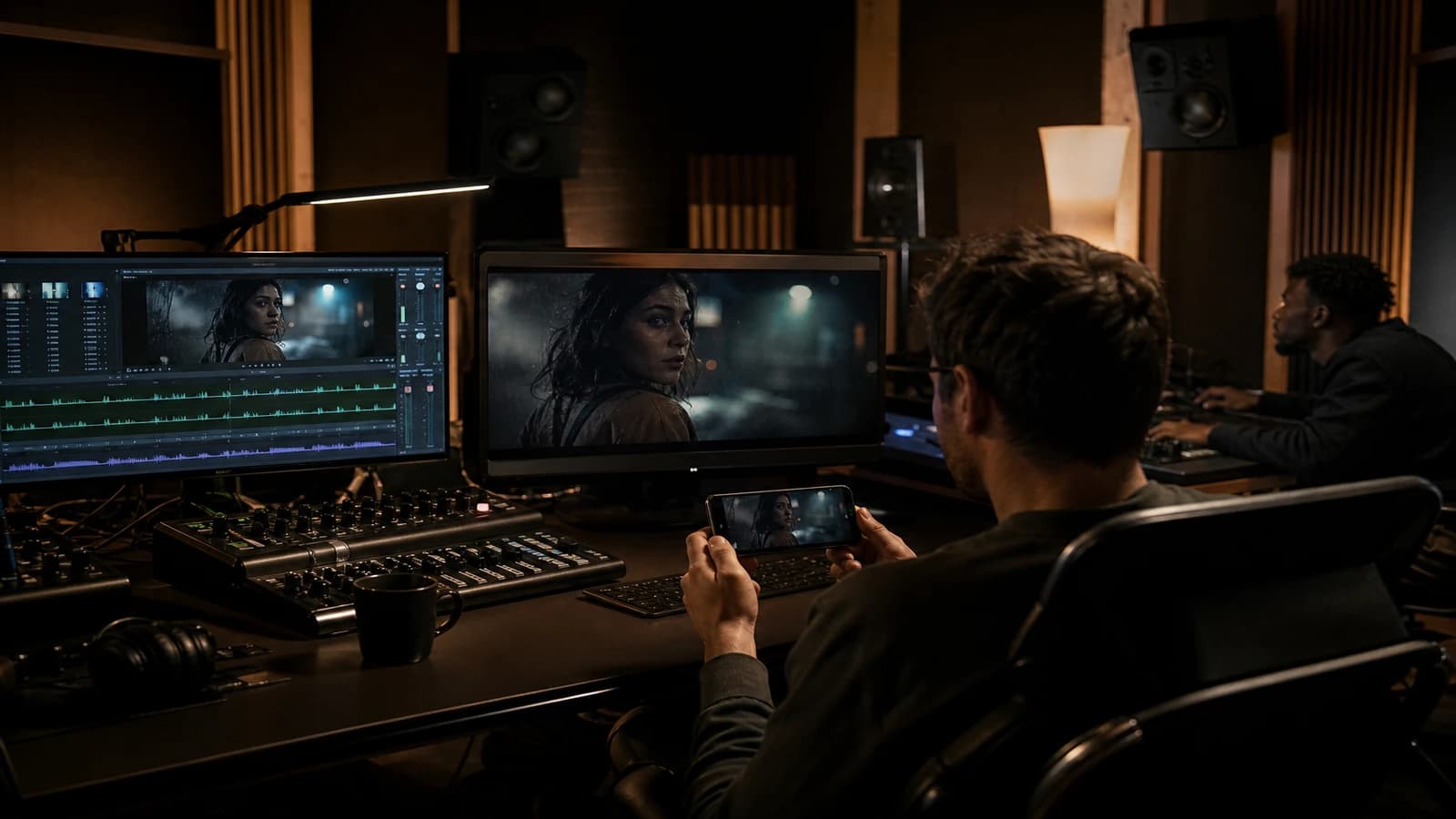Final documentary voice-over mix on a console and a balanced waveform