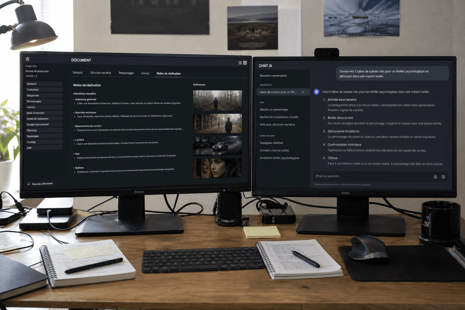 Interface document et chat IA sur deux écrans, notes production et prompts, photoréaliste