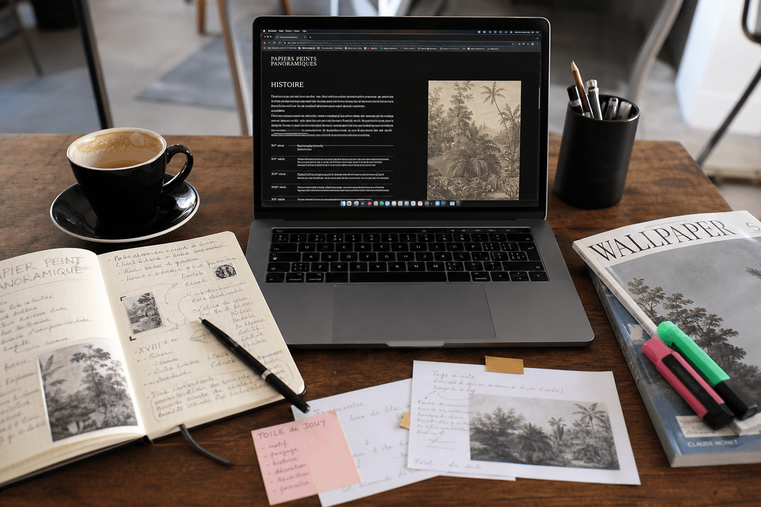 Recherche web et carnet papier annotations sources, café bureau créatif photoréaliste