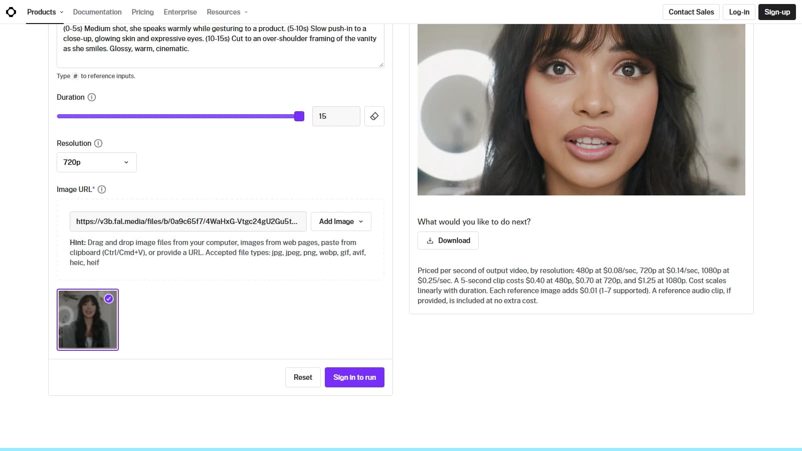 Page du modèle Grok Imagine Video 1.5 sur fal.ai avec le curseur de durée réglé sur 15 secondes, la résolution 720p et le texte de tarification par seconde selon la résolution