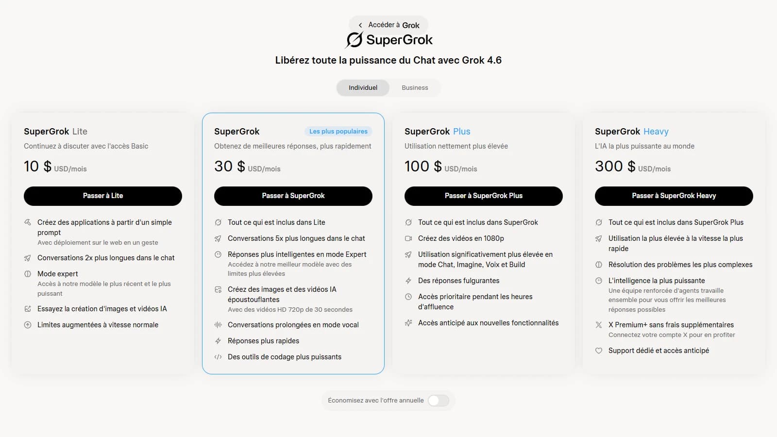 Page des forfaits SuperGrok avec quatre colonnes : Lite à 10 dollars, SuperGrok à 30 dollars avec vidéos 720p de 30 secondes, Plus à 100 dollars avec vidéos 1080p, Heavy à 300 dollars
