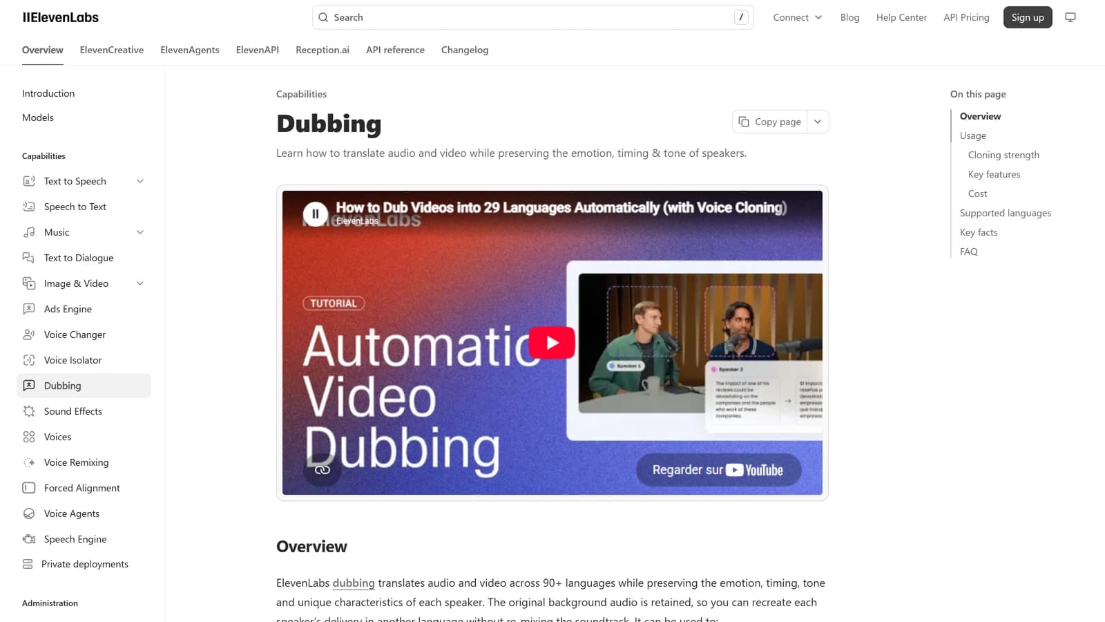documentation officielle ElevenLabs Dubbing indiquant la traduction sur plus de 90 langues avec conservation du fond sonore