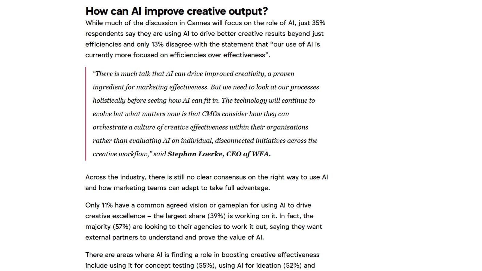 Extrait de l'étude Clients and Creativity 2026 de la WFA et de LIONS, section « How can AI improve creative output? », avec les chiffres 35 % et 13 %